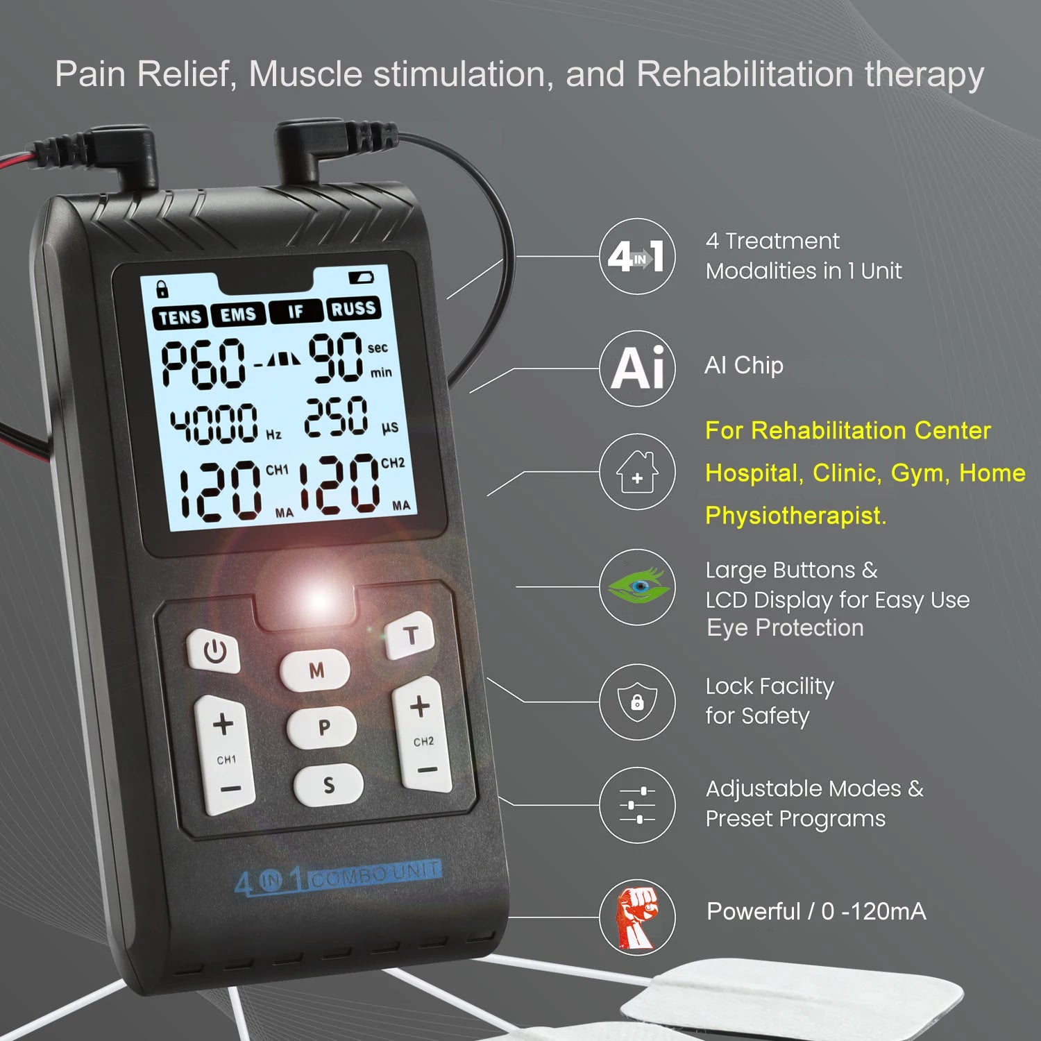 Black handheld 4-in-1 TENS/EMS unit with LCD screen and white buttons for muscle stimulation and pain relief therapy.