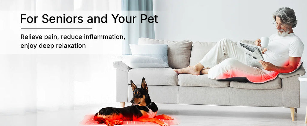 Hello Face L7 red light therapy pad with 792 LED chips for pain relief on a man and a dog on a living room sofa.