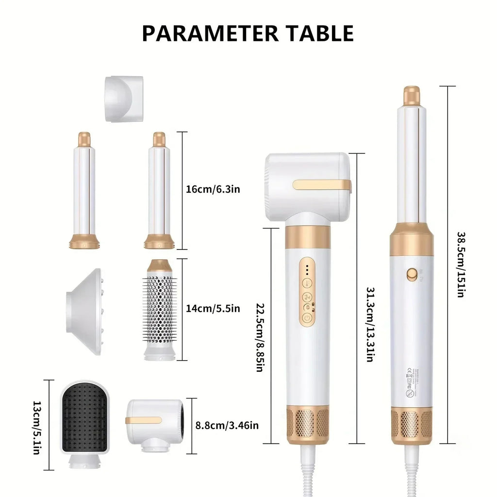 TINSOL 7-in-1 hair dryer set with gold and white styling attachments, featuring dimensions for professional hair tools.