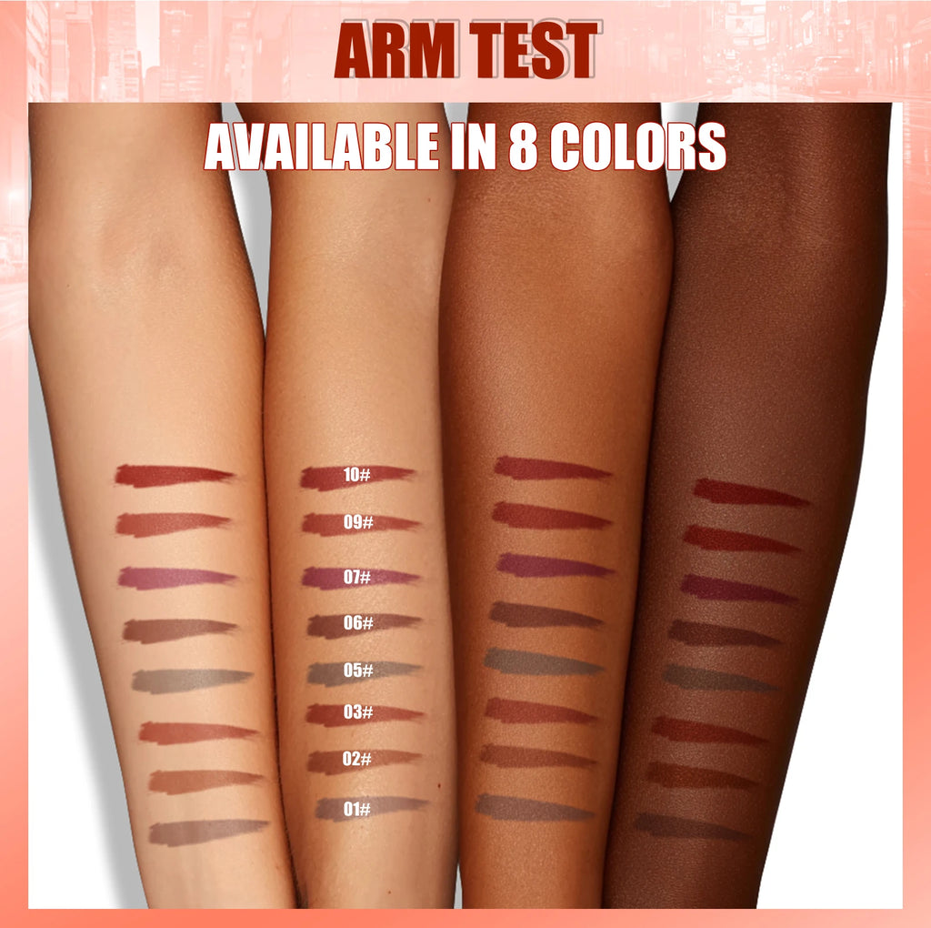 Arm swatch test of 8 waterproof matte lip liner pencil shades, showing pigmented, natural stain colors on skin.
