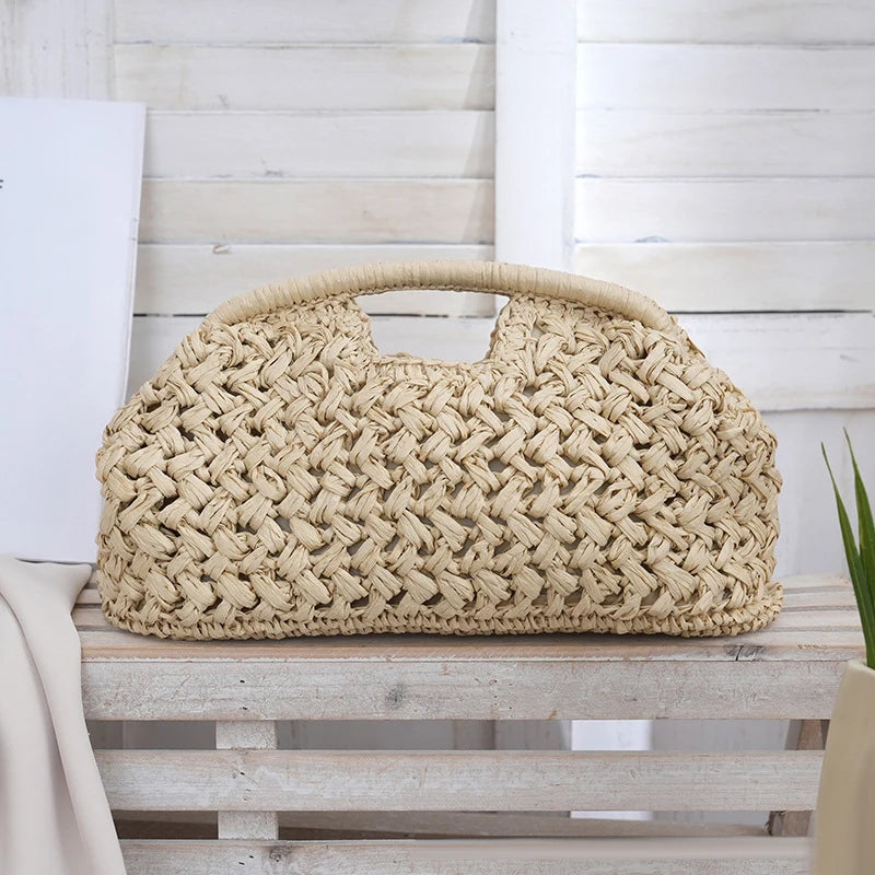 Women's Brand Fashion Clip Handbag, Bohemian Style Large Capacity Travel Woven Bag Popular Elegant Raffia Handmade Crossbody Bag