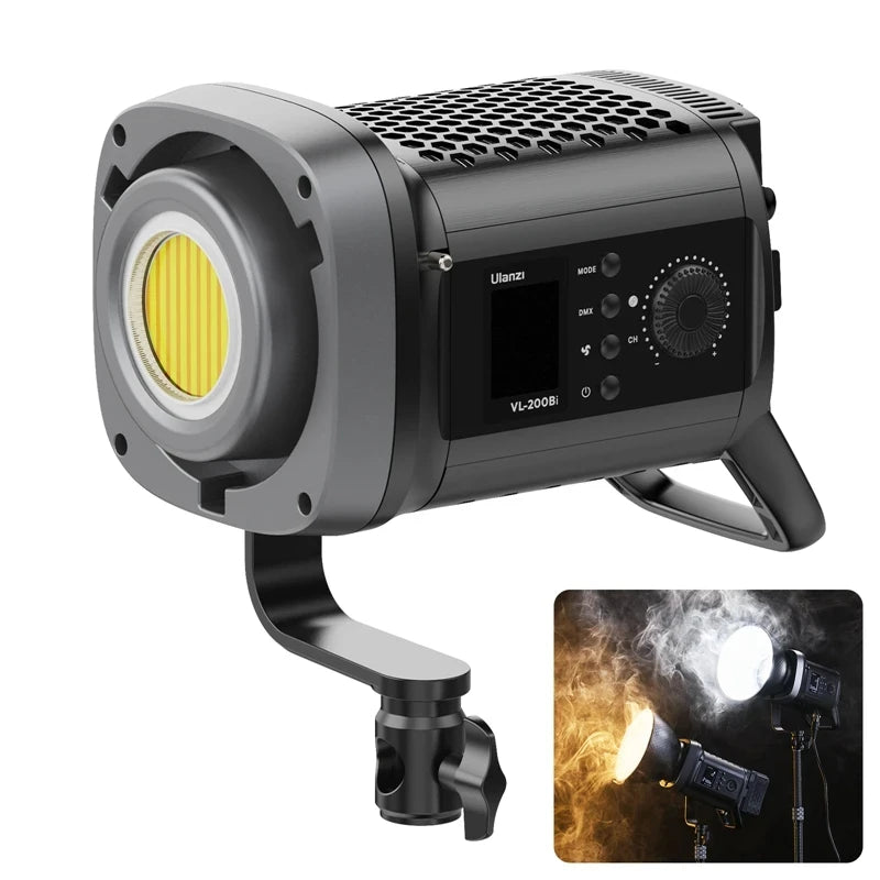 VL-200Bi LED COB video light in a black housing with control panel, adjustment dial, and a mounting bracket.