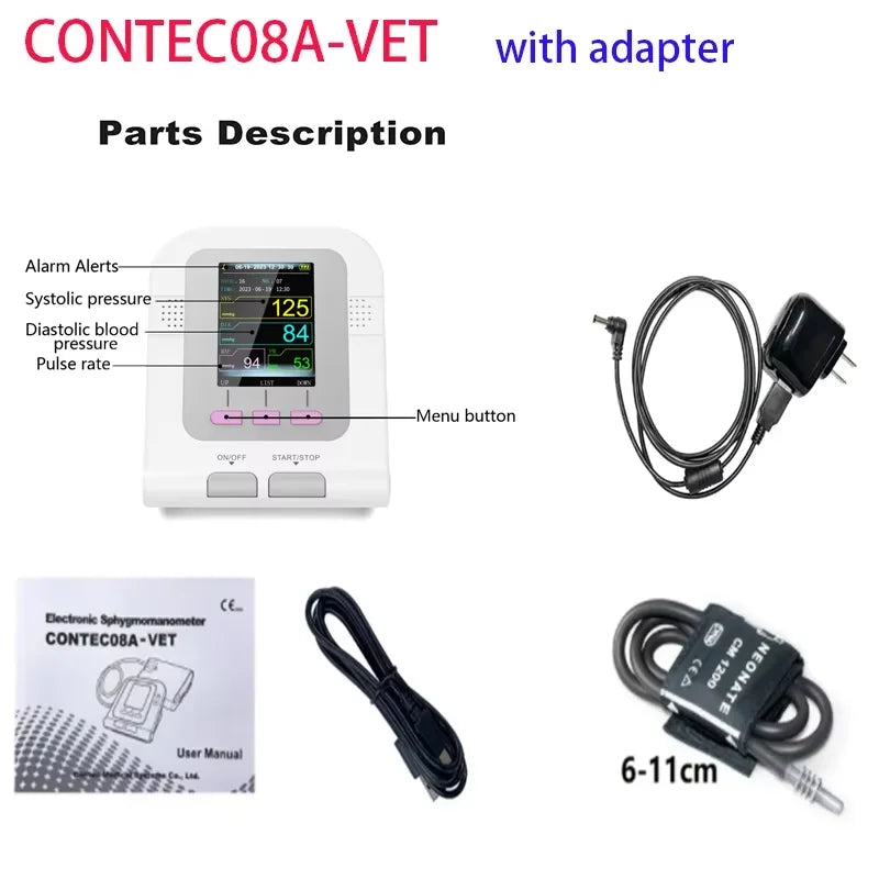 For use in cats and dogs; CONTEC08A veterinary blood pressure monitor, can be used with a blood oxygen probe if desired