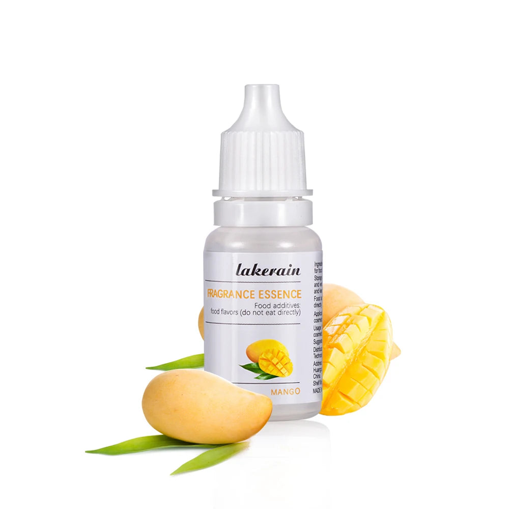 10ml Lakerain mango fragrance oil for DIY lip gloss and soap making, featuring a clear dropper bottle.