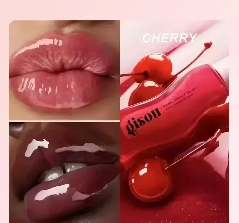 Gisou Cherry lip oil: moisturizing high-shine liquid lipstick for glossy, hydrated lips and reduced lip lines.