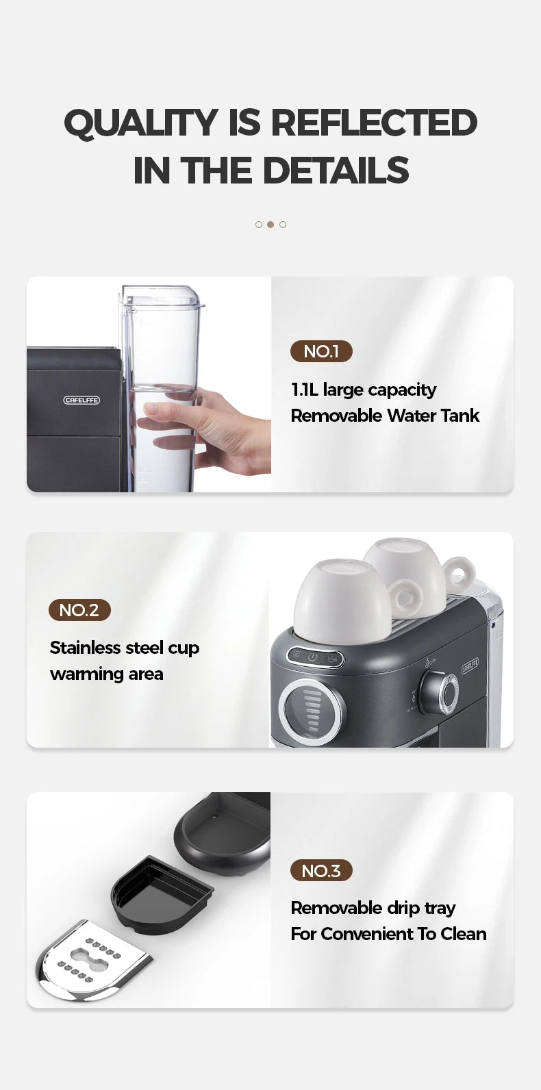 Cafelffe coffee maker features: 1.1L removable water tank, stainless steel cup warmer, and removable drip tray.