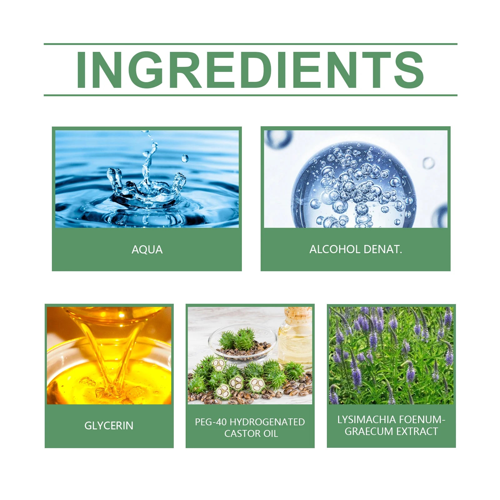 Roxelis Vanilla long-lasting perfume for women: infographic showing fragrance ingredients like aqua and herbal extracts.