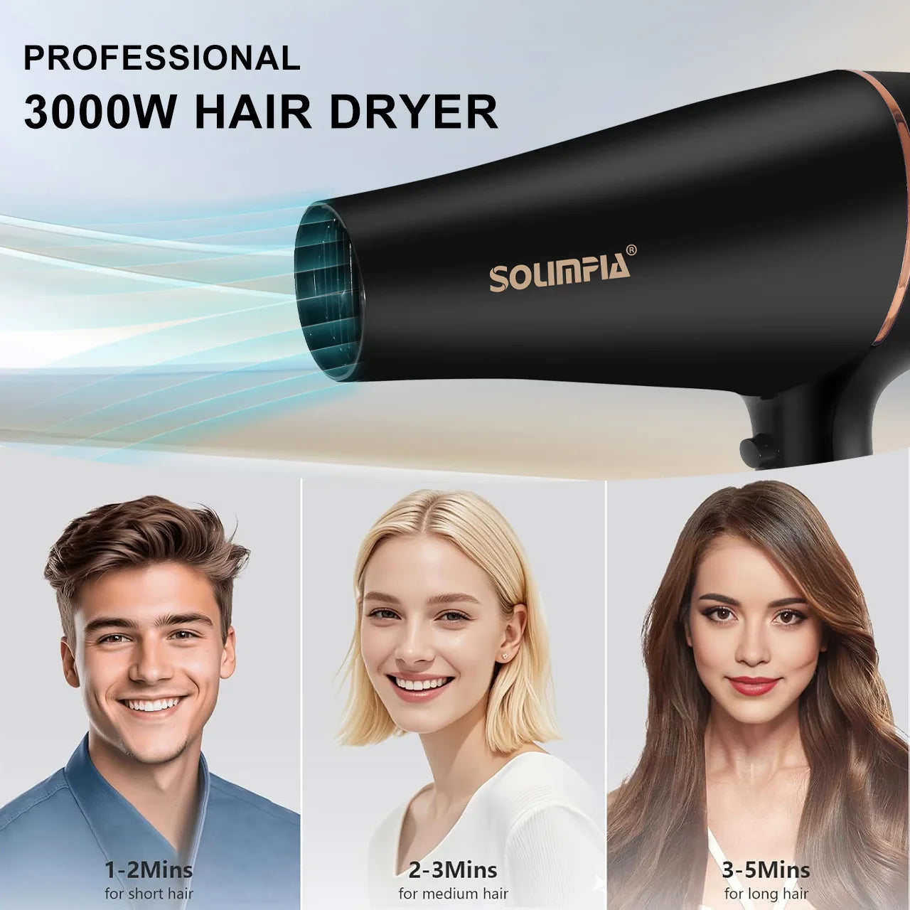 Matte black 3000W professional hair dryer with rose gold accents for fast salon-quality styling at home.