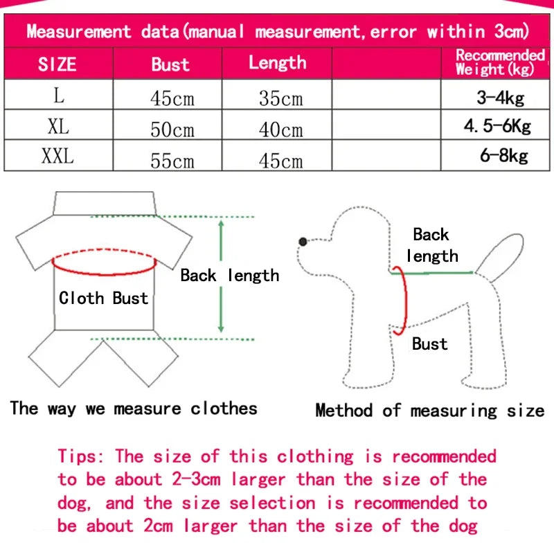 Size chart for warm, thick, two-legged hooded dog sweater. Guide for measuring bust and back length for small pets.