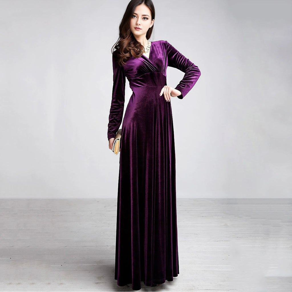 Vintage Women Autumn Long Sleeve V Neck Pleated Velvet Banquet Party Maxi Dress Party Wedding Elegant Evening dress 