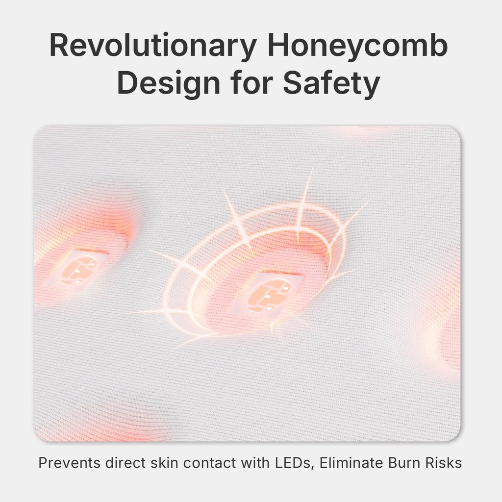 Close-up of a white, fabric-covered red light therapy mat featuring a recessed honeycomb LED grid to prevent skin burns.