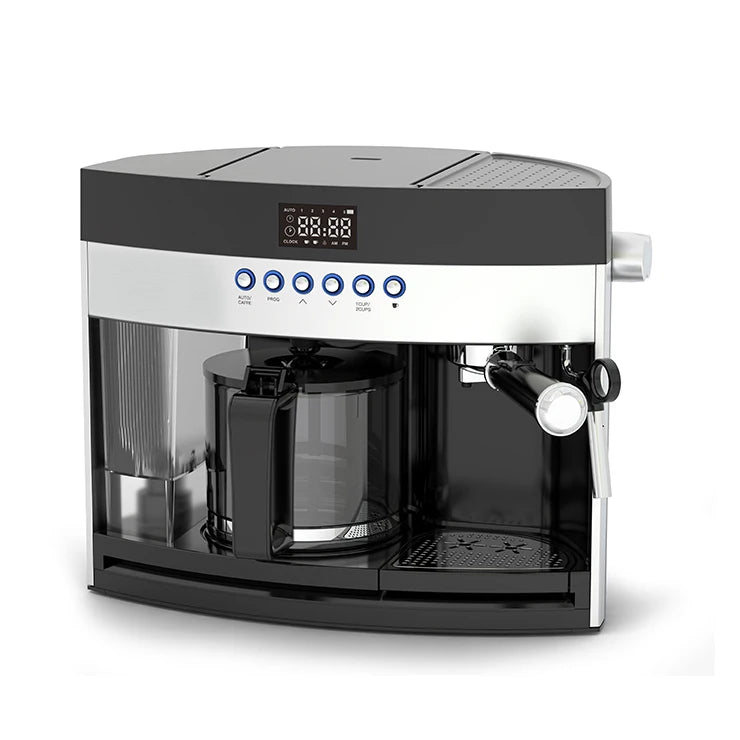 Black and silver programmable 2-in-1 coffee maker with digital display, glass carafe, and side steam wand.