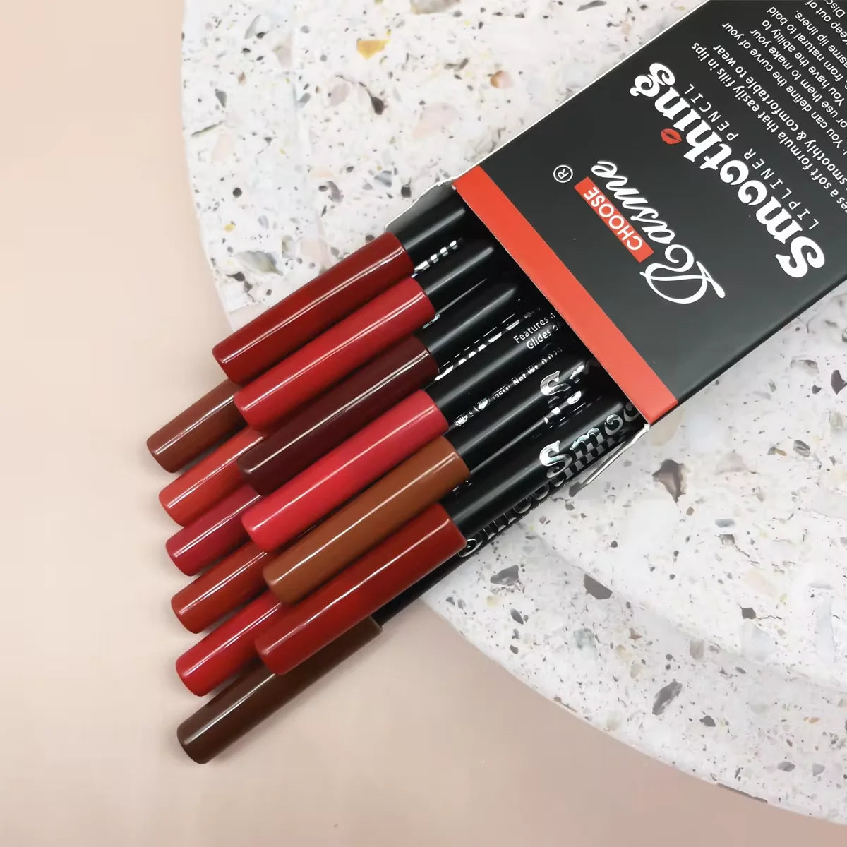 12-piece professional lip liner set with black barrels featuring a range of long-lasting, smooth matte lipstick pencils.