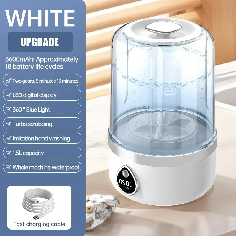 Tidesmit 1.5L portable wireless underwear and socks washing machine with LED laundry bucket, side angle view.