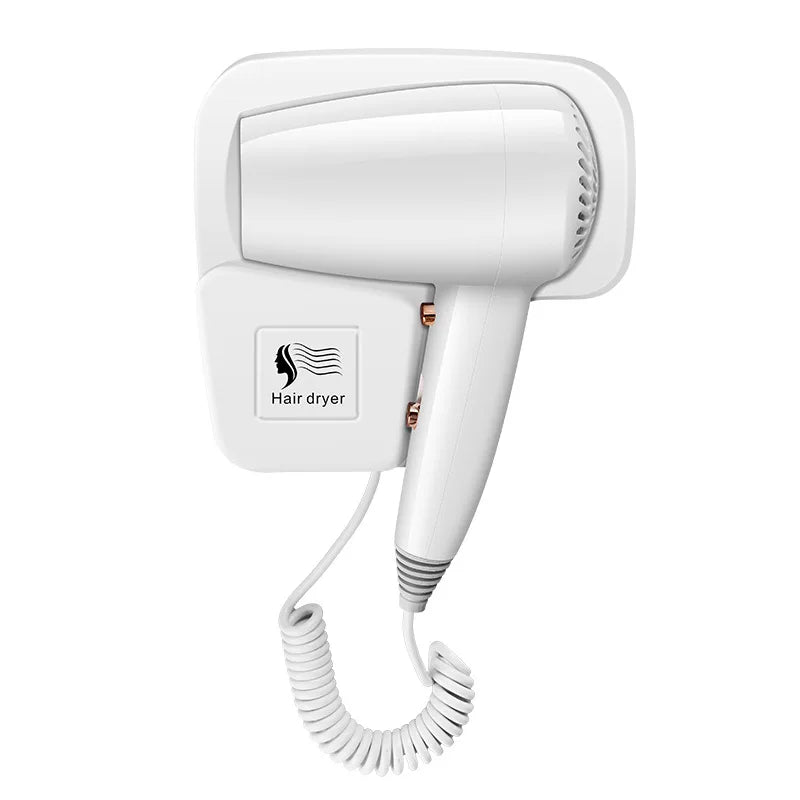 White wall-mounted 1300W hair dryer with coiled cord, perfect for hotels and home bathrooms. Easy, drill-free mount.