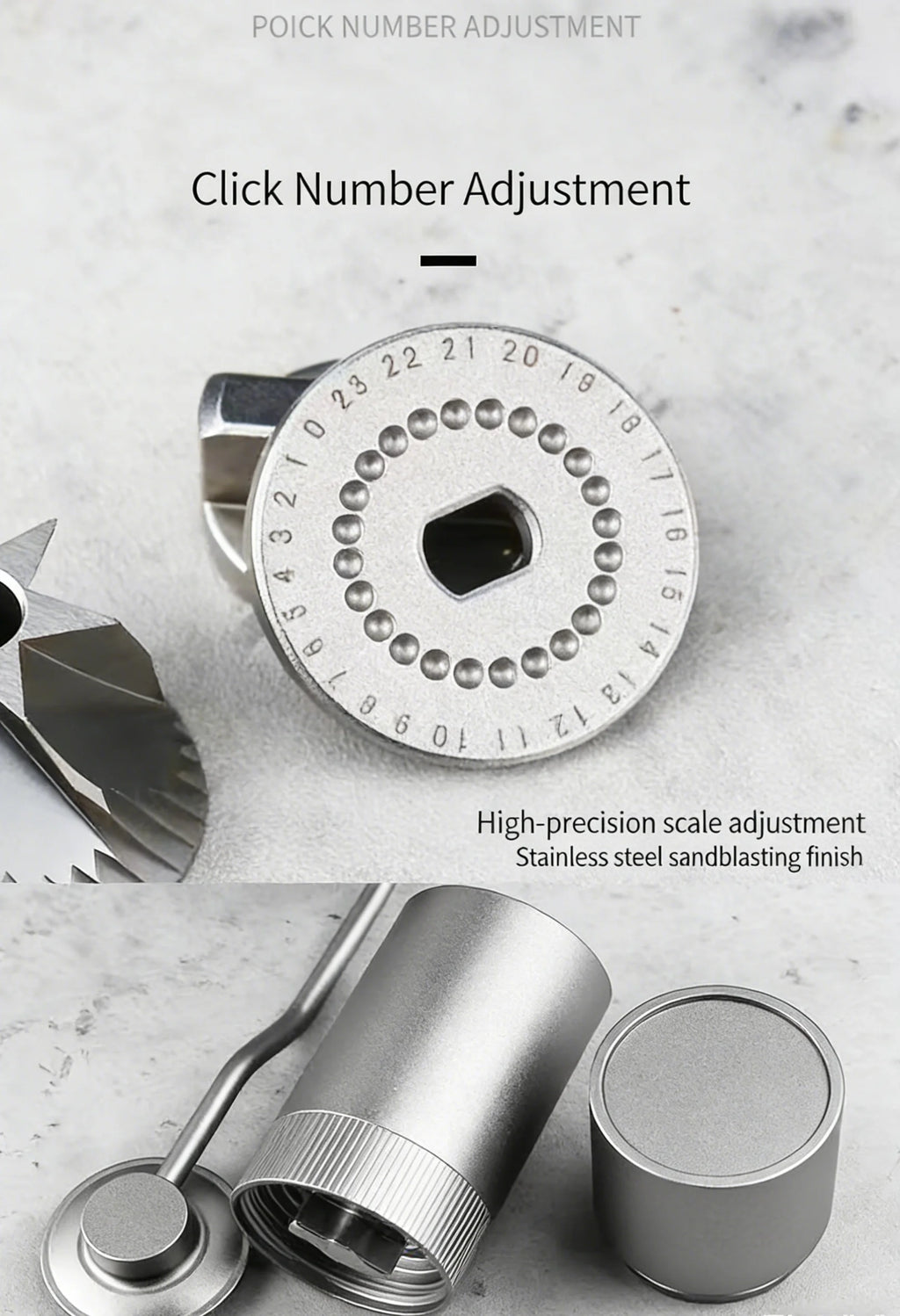 Manual coffee grinder parts with sandblasted stainless steel finish and numbered high-precision click adjustment dial.