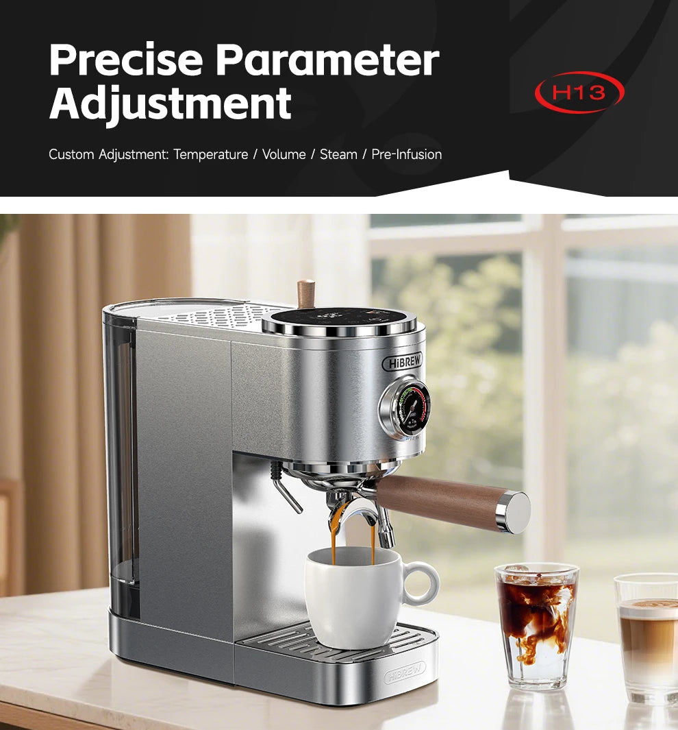 HiBREW H13 silver stainless steel espresso machine with wood-accented portafilter and pressure gauge.