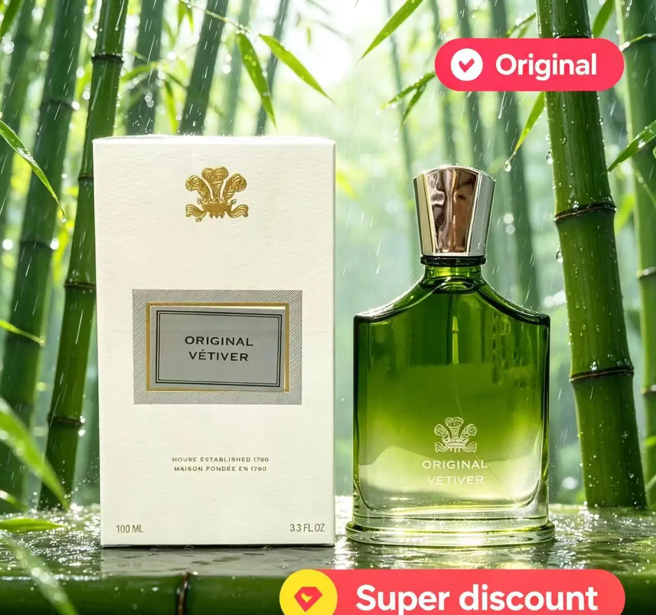 Creed Original Vetiver 100ml men's perfume, green glass bottle, fresh vetiver scent, long-lasting EDP cologne spray.