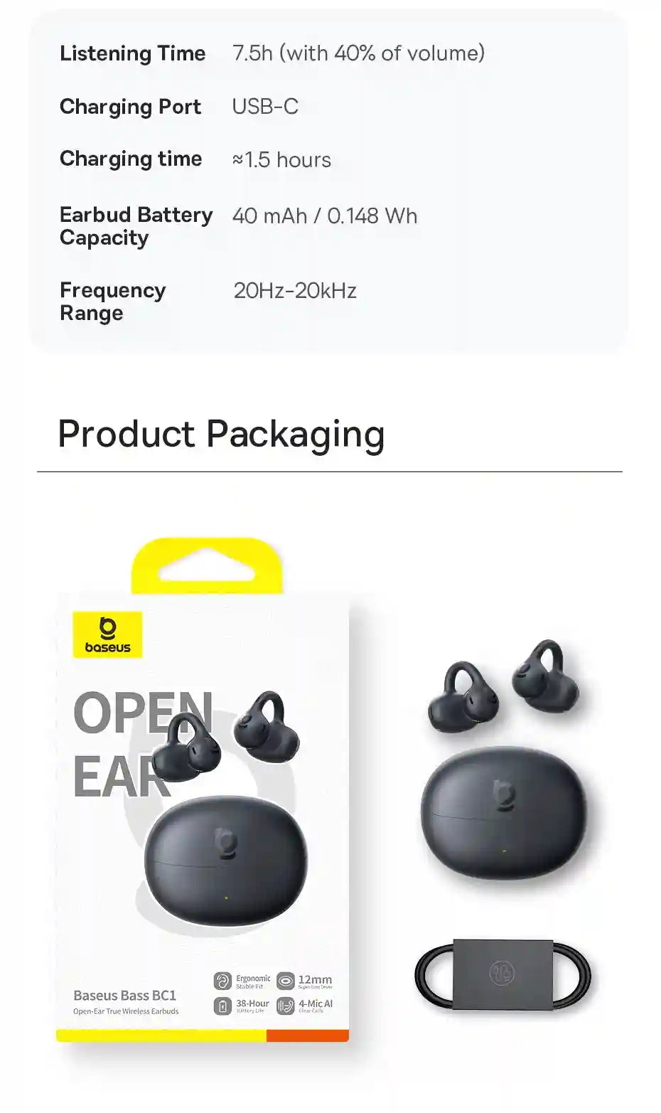 Wireless Earbuds Open-Ear Sports Clip-On - Bluetooth 5.3 Low Latency Black Tidesmit