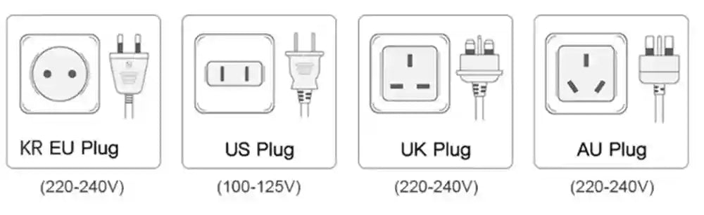 Professional 5-in-1 hair dryer power plug options: KR/EU, US, UK, and AU adapters for global compatibility.