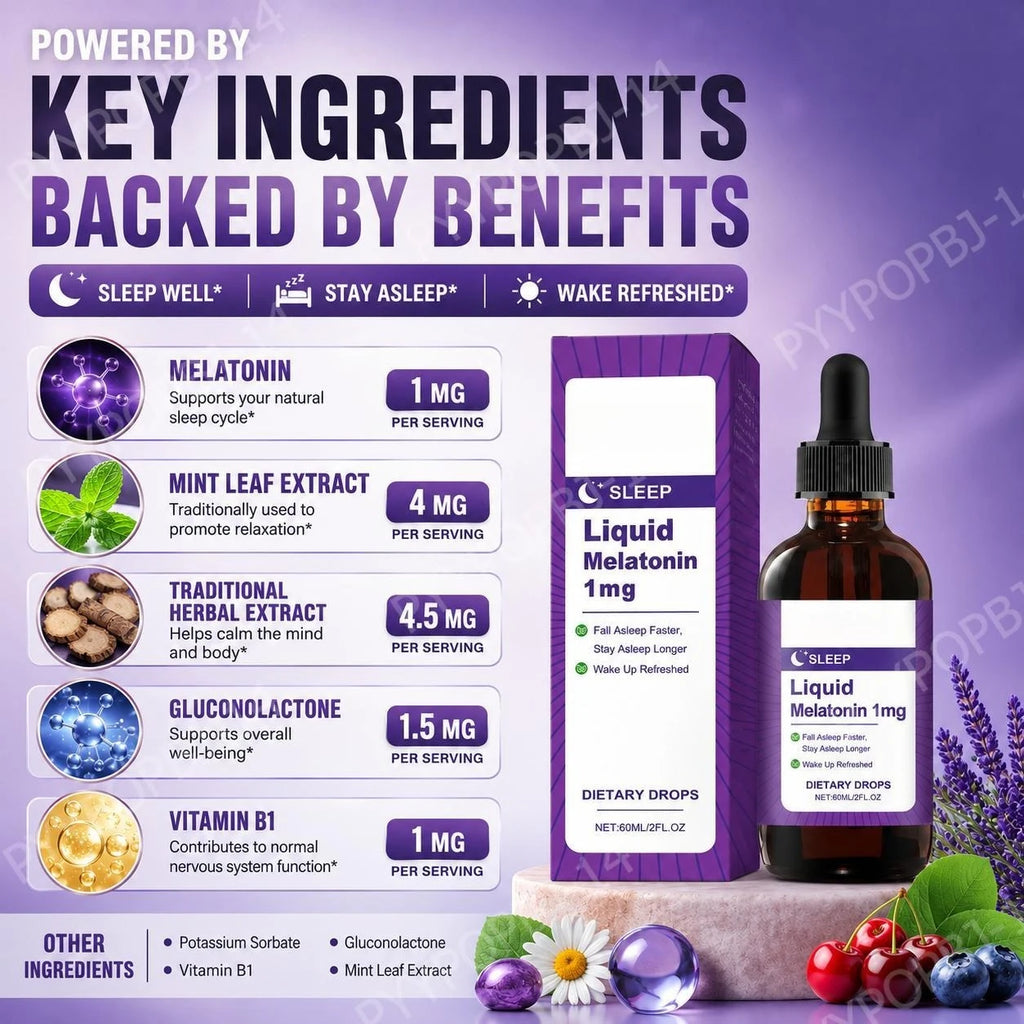 Liquid Melatonin 1 Mg Sleep Drops, Mint Leaf Extract, Fall Asleep Faster, Stay Asleep Longer, Wake Up Refreshed 60 ML