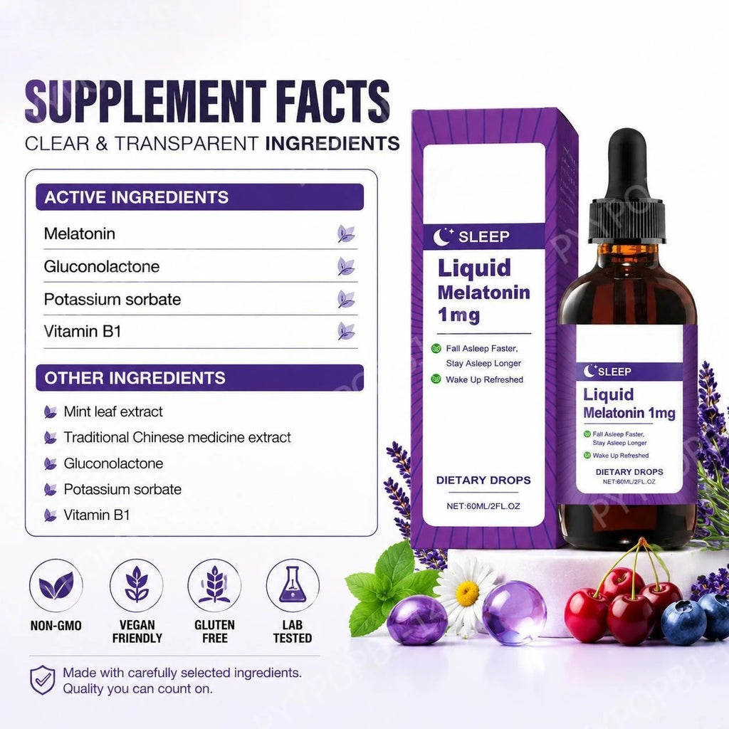 Liquid Melatonin 1 Mg Sleep Drops, Mint Leaf Extract, Fall Asleep Faster, Stay Asleep Longer, Wake Up Refreshed 60 ML