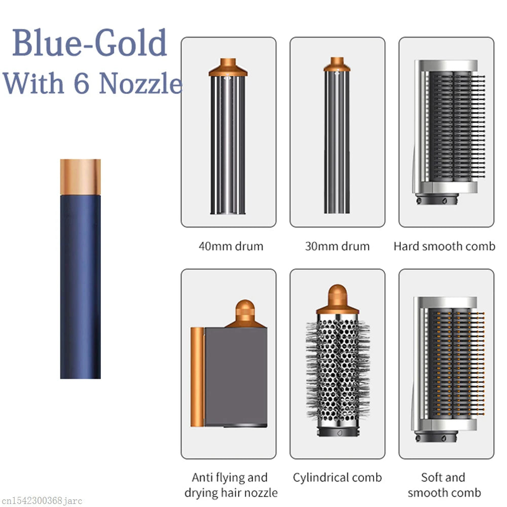 Blue-gold SenCiciMen X9 hair styler set with 6 attachments, curling barrels, and brushes for professional hair drying.