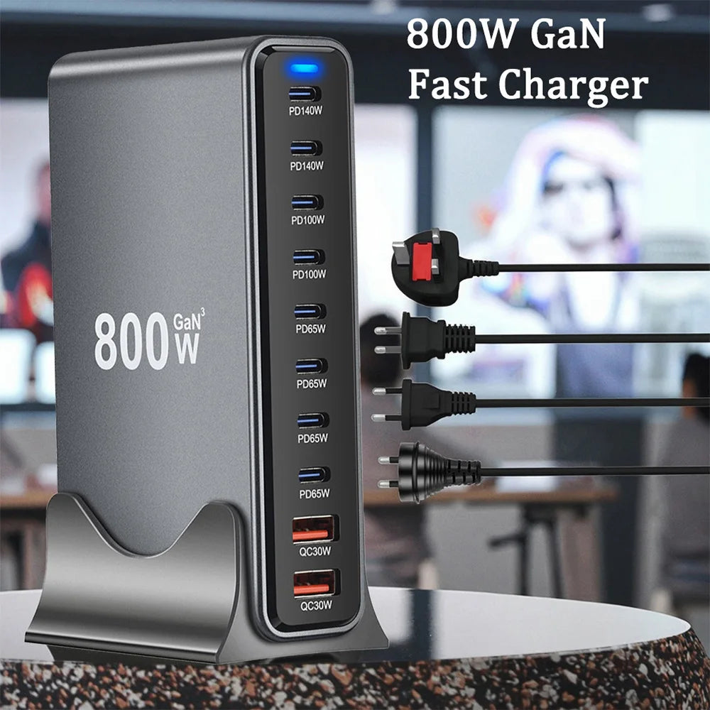 800W GaN 10-Port USB-C Desktop Charger - Fast Multi-Device Power Station Tidesmit