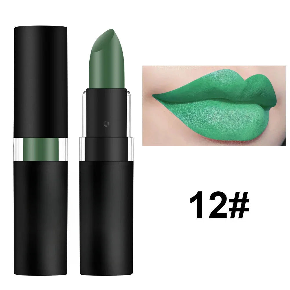 Waterproof matte green lipstick in a black tube with swatch on lips, shade 12#. Easy-to-color long-lasting lip makeup.