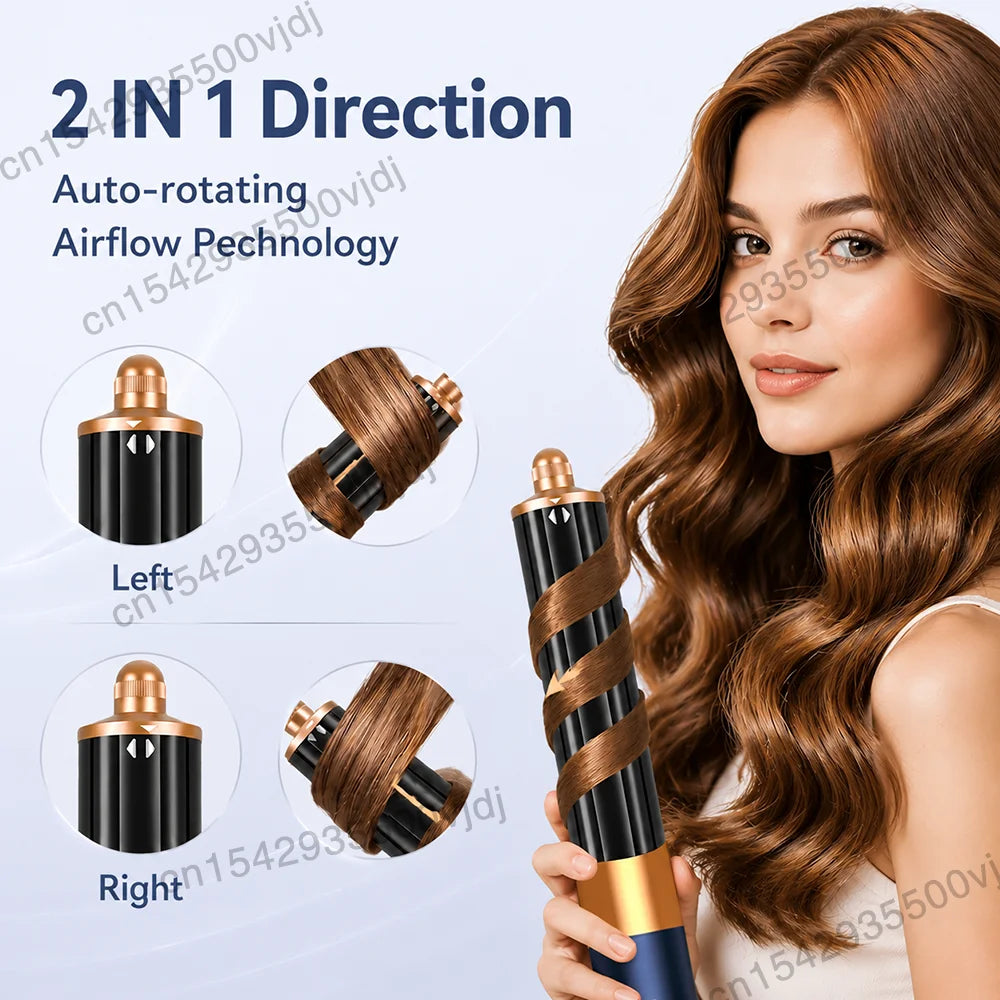 7-in-1 auto-rotating ionic hair dryer with gold-black curling attachment for quick, salon-style curls.