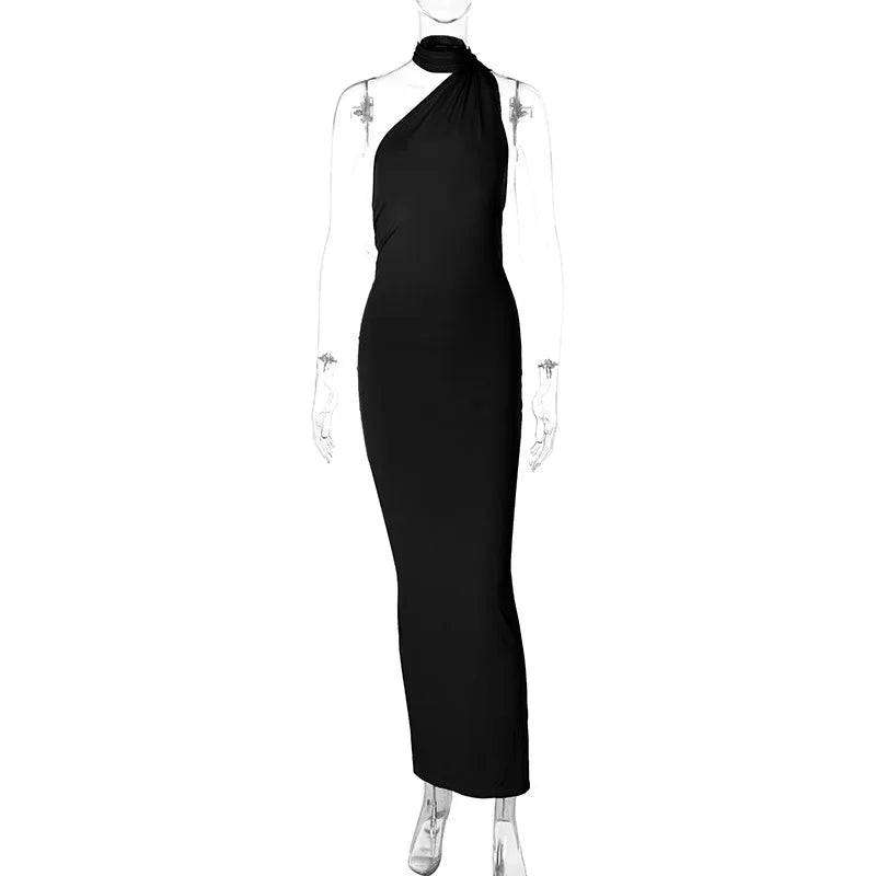 2023 One Shoulder Backless Adjustable Scarf Loop Ruched Sexy Maxi Dress Women Elegant Y2K Streetwear Festival Outfit