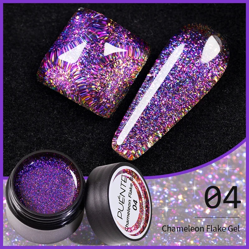 Chameleon flake nail gel in shade 04, featuring color-shifting purple glitter in a small round container.