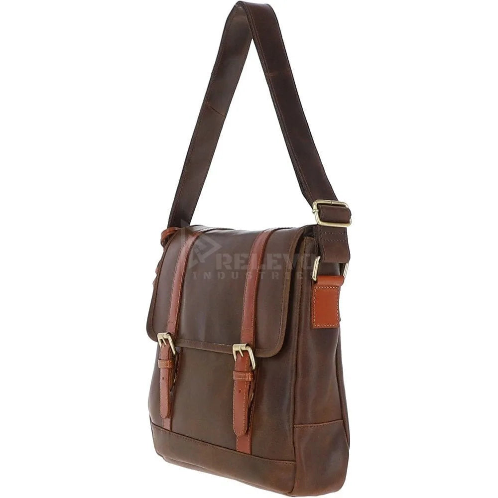 Minimalist brown genuine leather designer messenger bag with buckled flap, adjustable strap, and luxury travel style.
