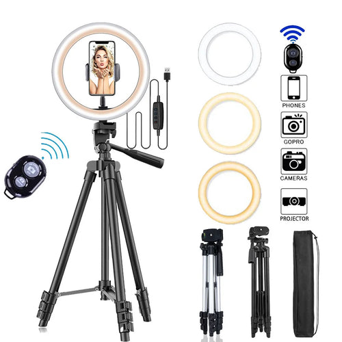 Black LED ring light with phone holder, tripod stand, and remote for photography, video recording, and live streaming.