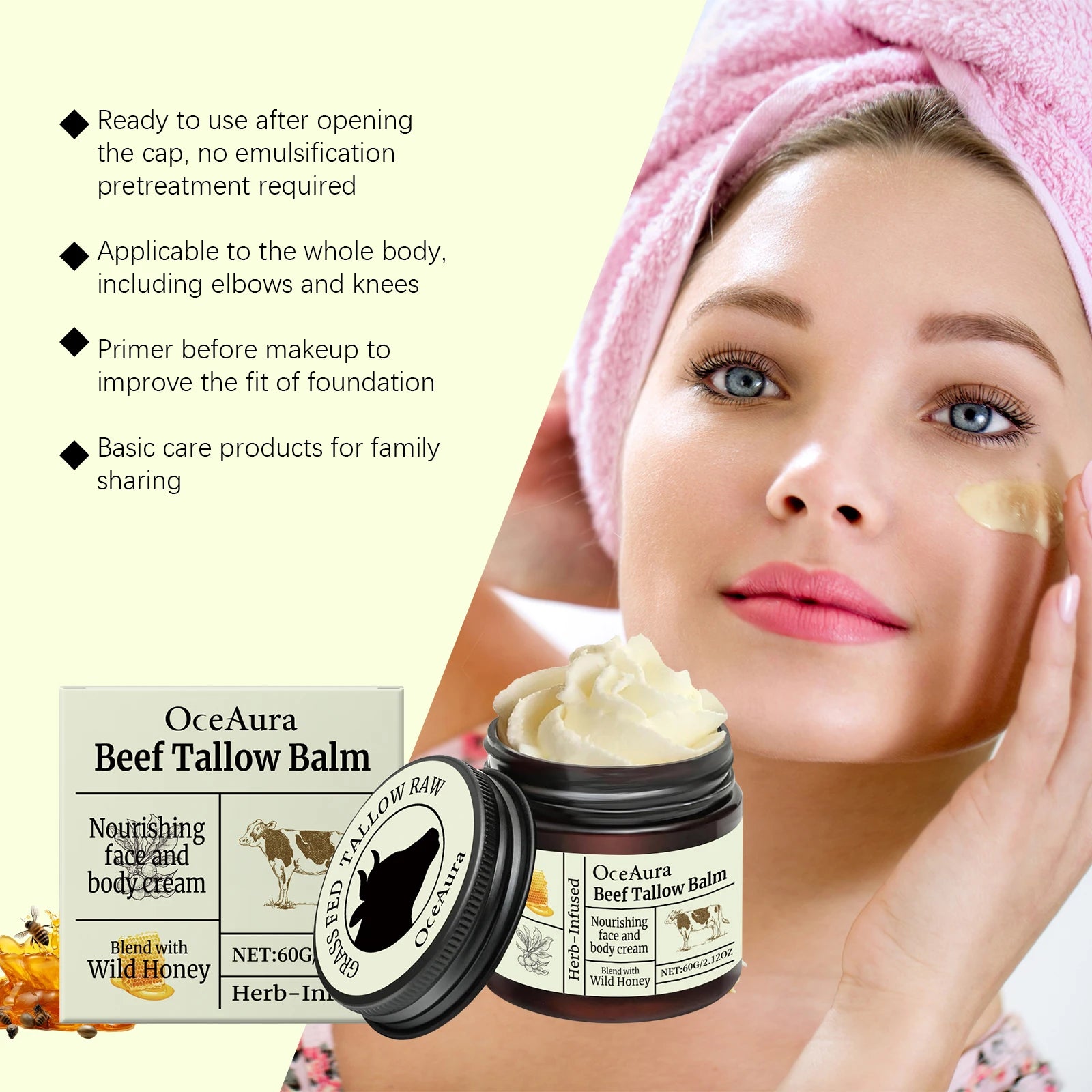 OceAura Beef Tallow Honey Balm Smooth Skin Barrier Repair Care Anti Cracking Body Moisturizer Olive Oil Nourishing Face Cream