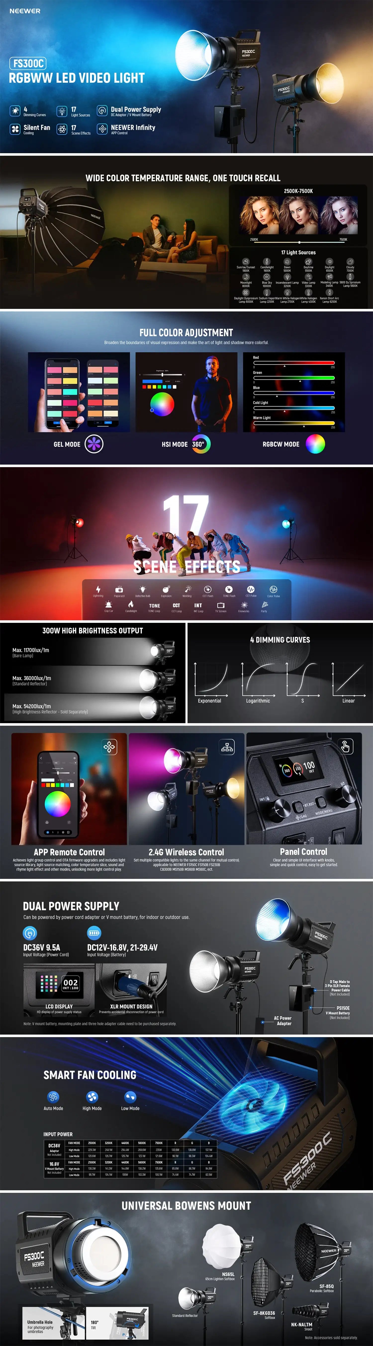 RGB LED Video Light 300W Bowens Mount for Pro Content Creation - Black Tidesmit