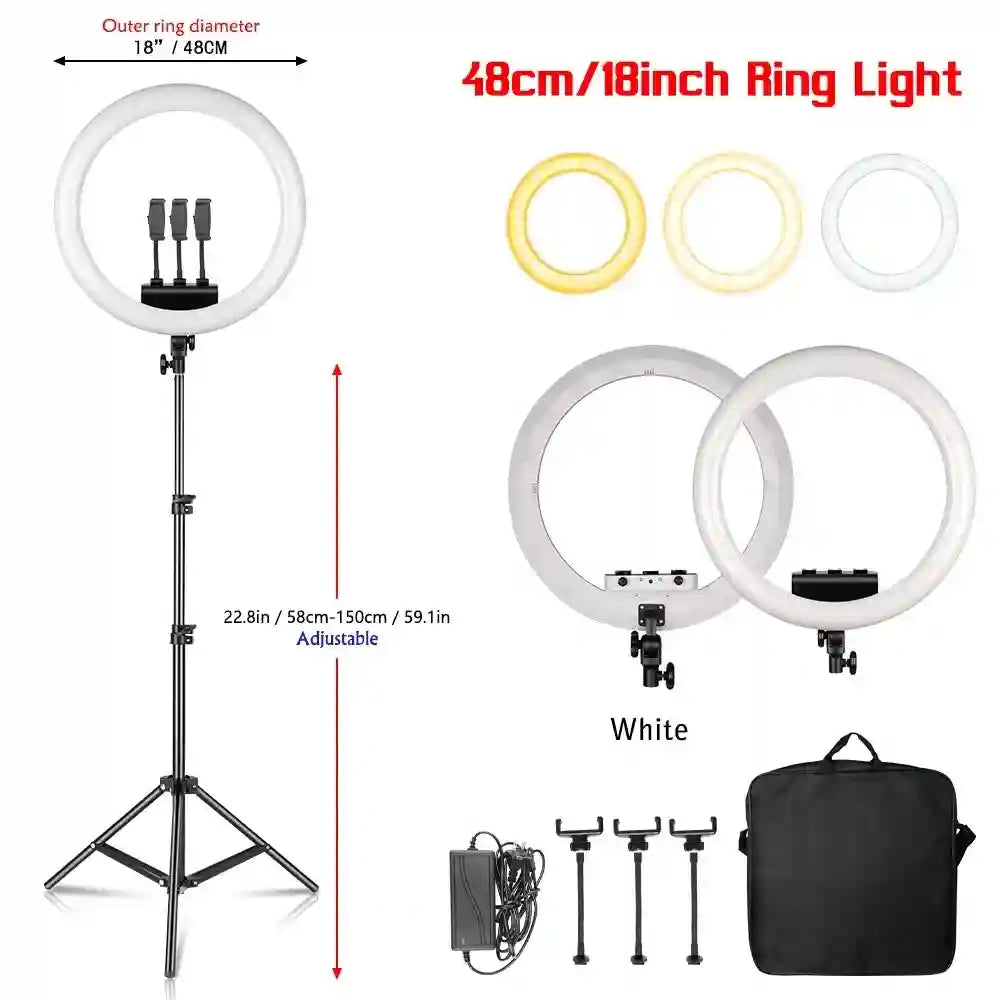 18-inch LED ring light with adjustable tripod stand, three phone holders, power adapter, and black carrying bag.