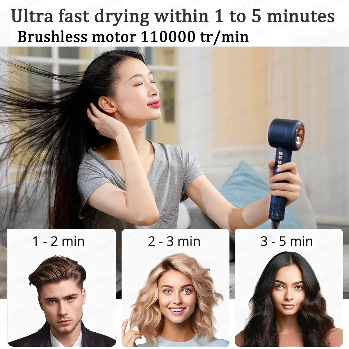 Navy blue 1600W leafless ionic hair dryer for fast salon-quality styling with powerful brushless motor technology.
