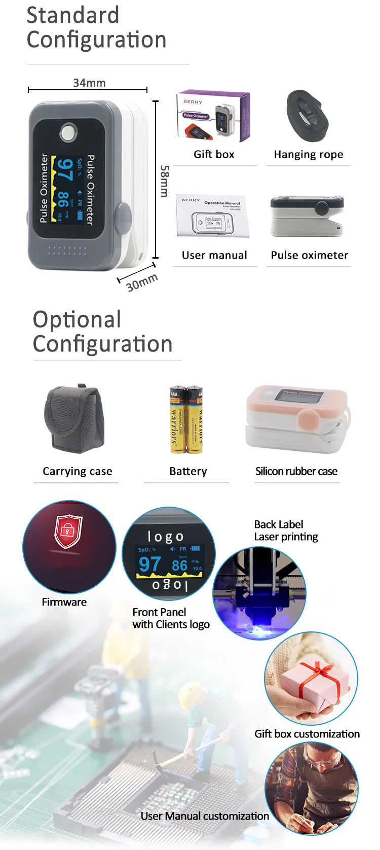BERRY OLED Finger Oximeter Blood Oxygen Pediatric Oximeters Fingertip Portable Oximeters Saturation Meter Heart Rate Monitor