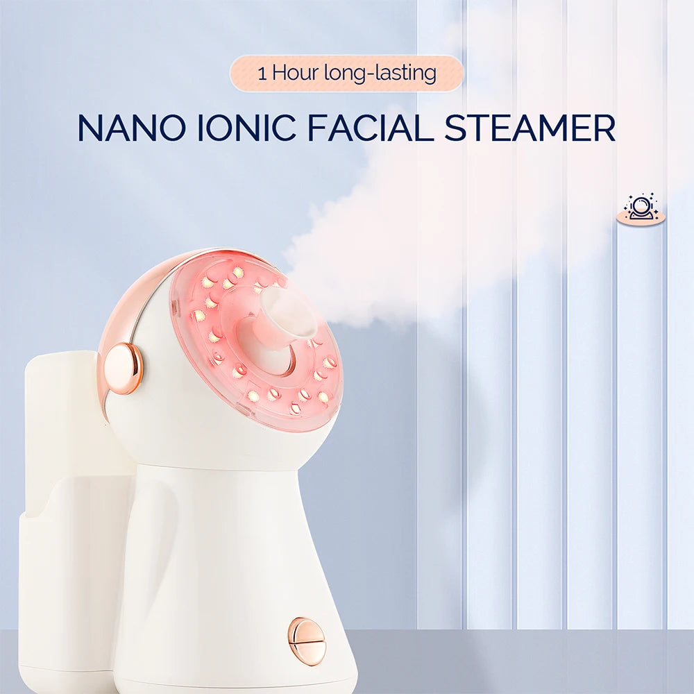 White and rose gold nano ionic facial steamer with red light therapy and mist for deep pore cleaning and skin care.