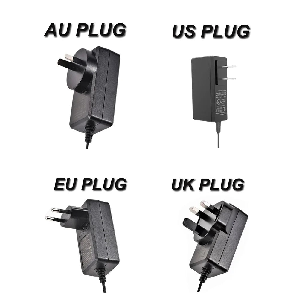 Power adapters for LED red light therapy belt with AU, US, EU, and UK plug options for global home use.