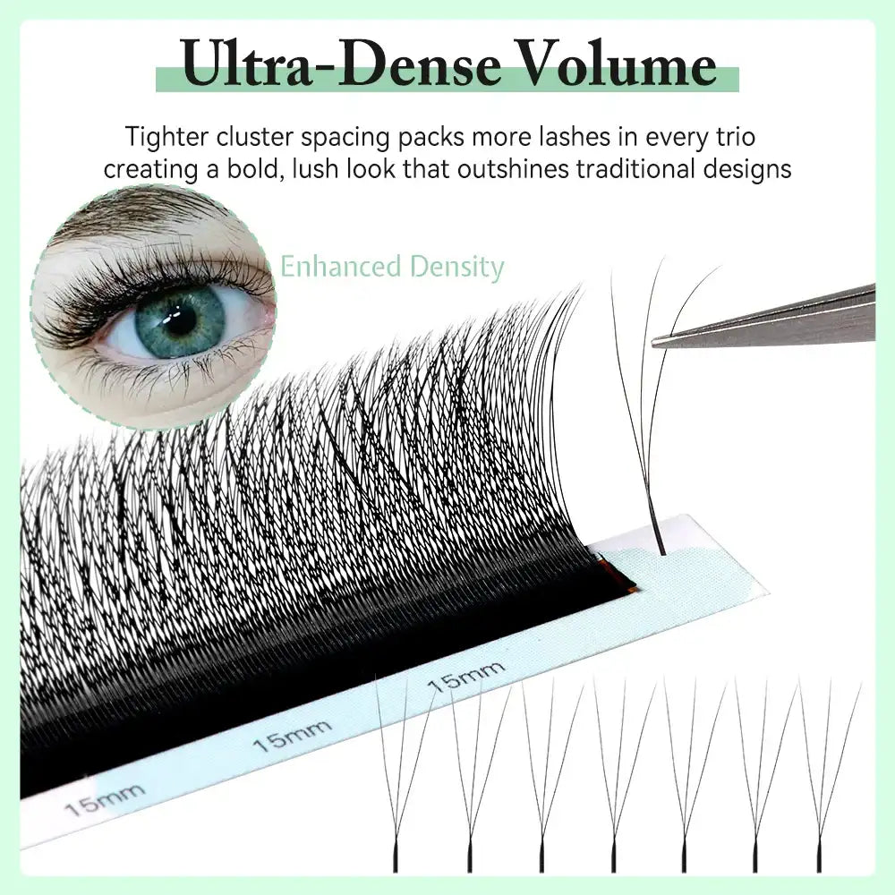 Black Yelix 3D W-shape volume eyelash extension fans on a strip with narrow spacing for a dense, natural look.