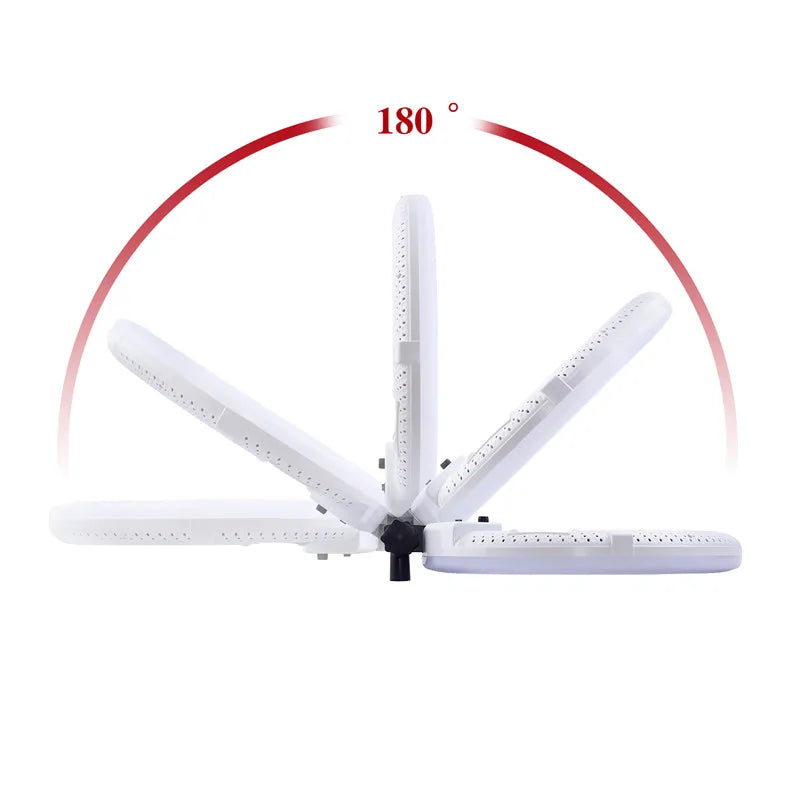 White circular LED ring light with a 180-degree adjustable tilt mechanism for versatile lighting angles.
