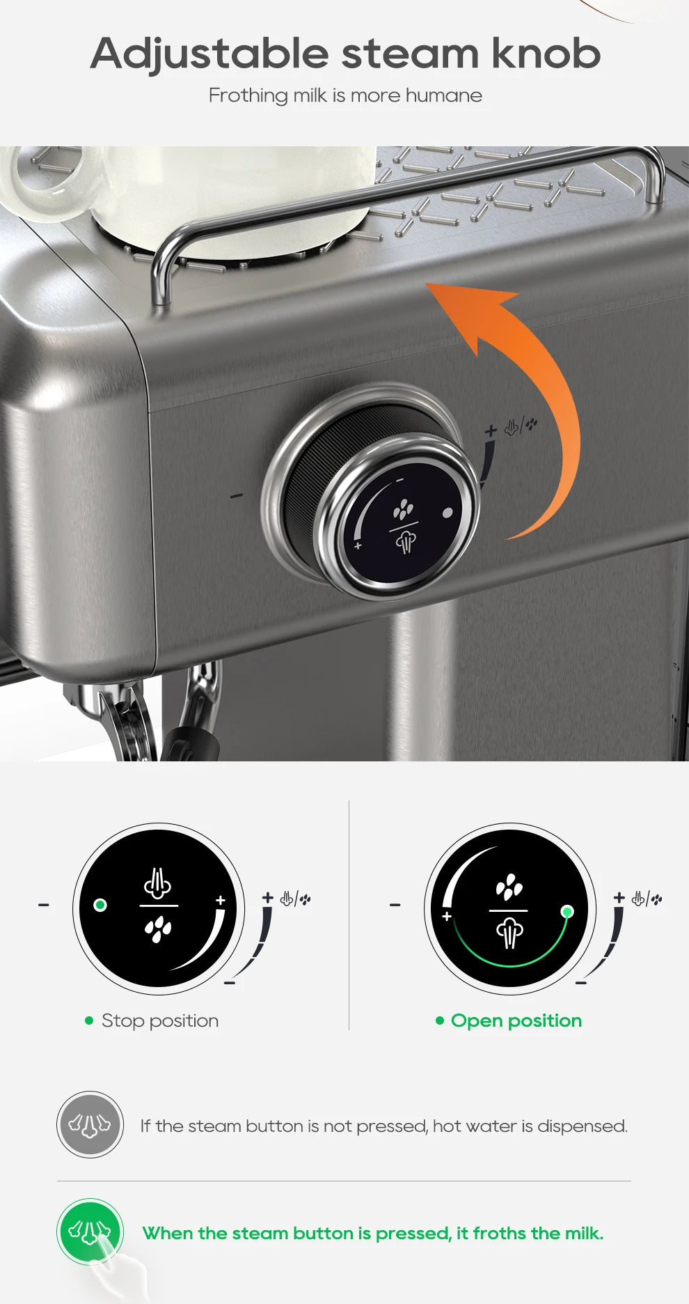 Stainless steel espresso machine showing adjustable steam knob controls for hot water and milk frothing.