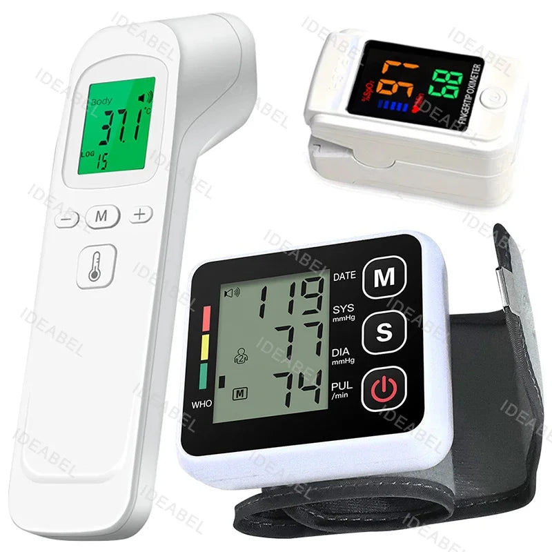 Digital Blood Pressure Monitor Wrist Tensiometer Electronic Sphygmomanometer Tonometer with LCD Forehead Digital Thermometer