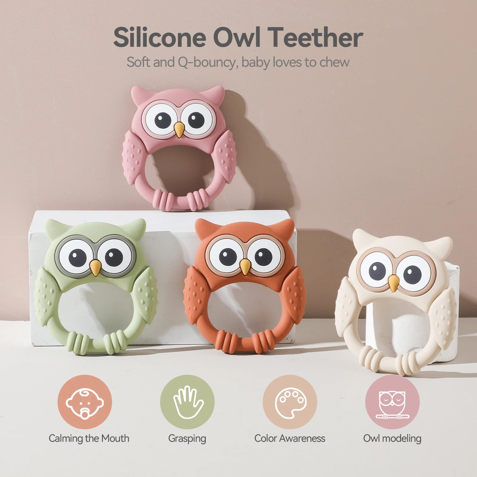 Baby Silicone Teether Toys,Perfect for Teething Toys 0-3-6 Months and Shower Gifts, BPA-Free, Ergonomic Dinosaur Wood Design.