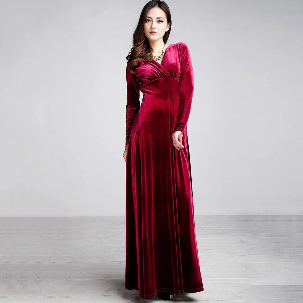 Vintage Women Autumn Long Sleeve V Neck Pleated Velvet Banquet Party Maxi Dress Party Wedding Elegant Evening dress 