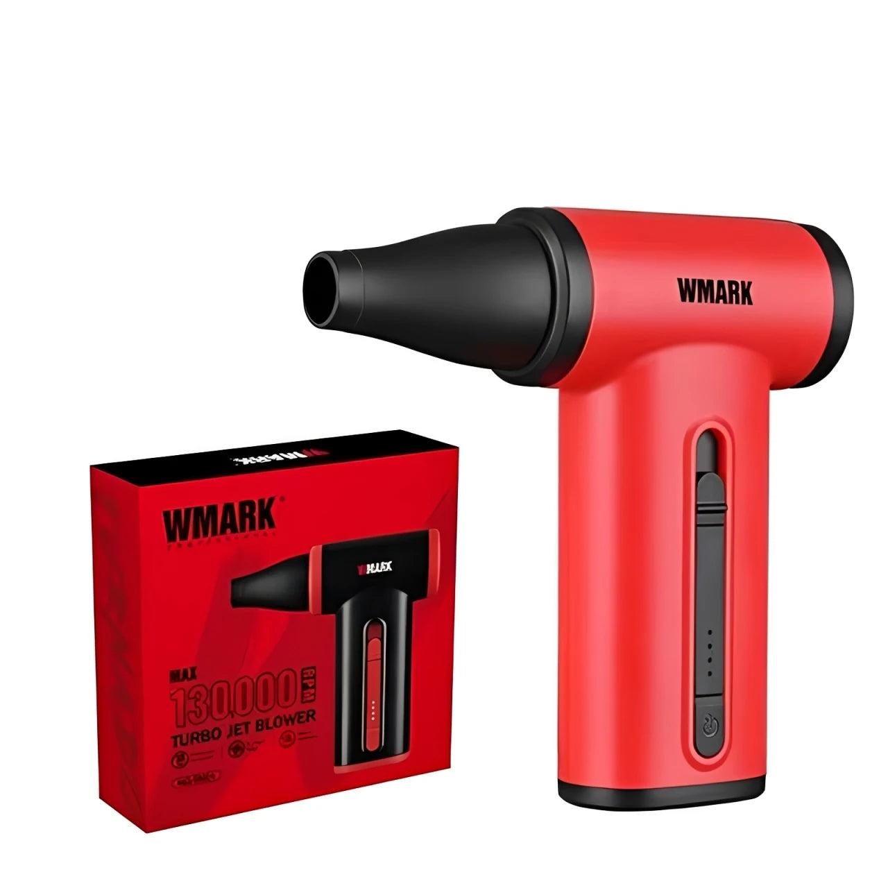 WMARK NG-TB001 130000 RPM handheld red turbo jet blower hair dryer with nozzle and compact travel packaging.