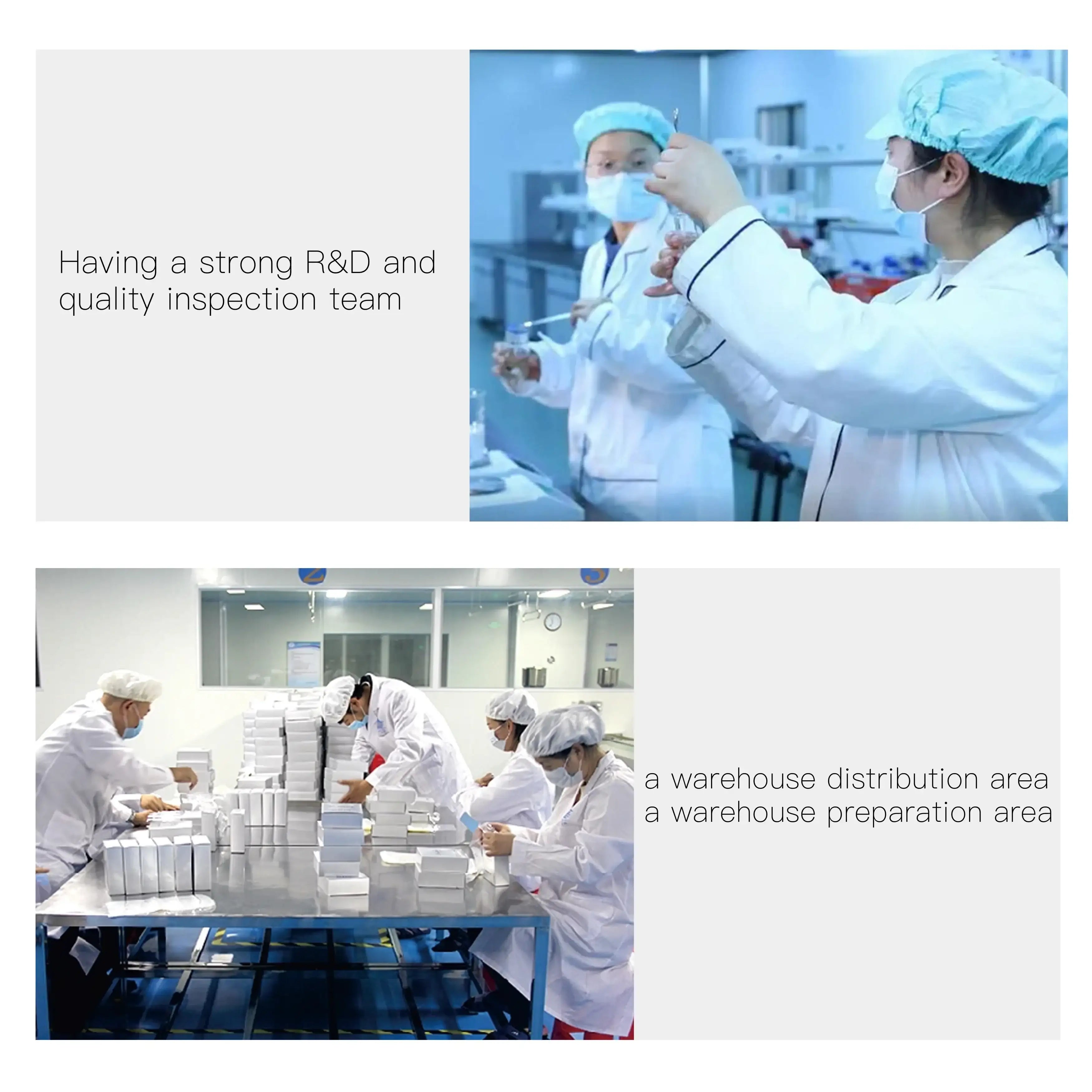 Laboratory team in white coats and masks, and warehouse staff packing white rectangular boxes at a metal table.