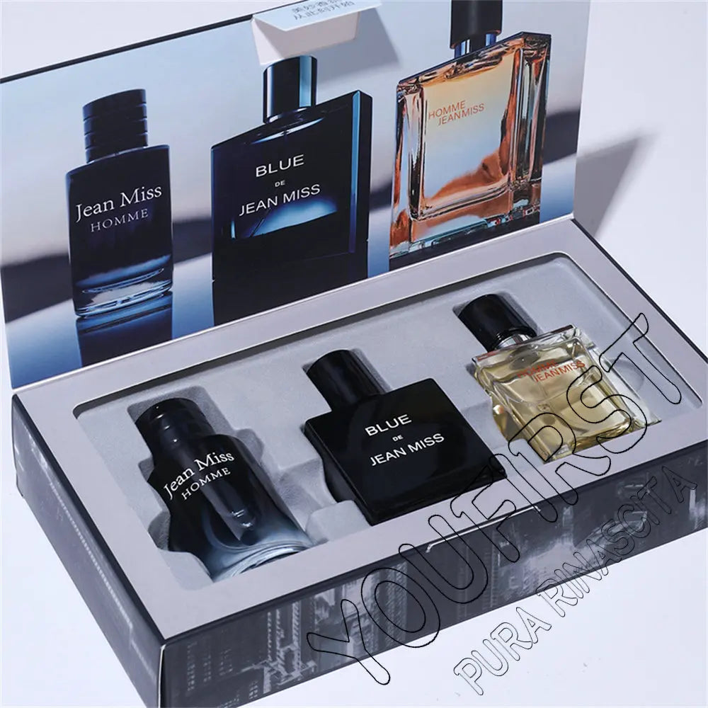 Jean Miss 3pc Men's Cologne Gift Set. 90ml square and sleek bottles. Long-lasting fragrance for men. Luxury scent kit.